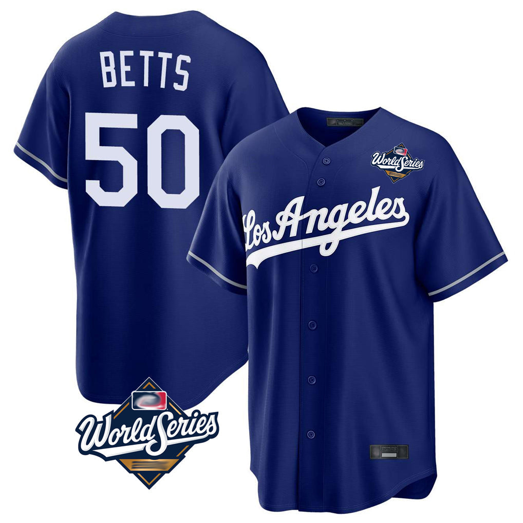 Rebec LA.Dodgers #50 Mookie Betts Player Royal World Series Game Stitched Jerseys