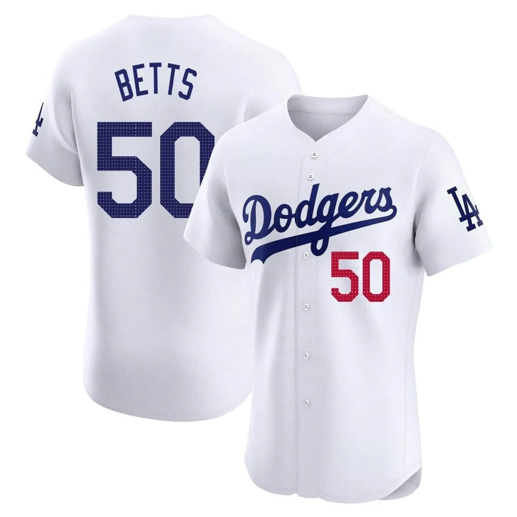 Rebec LA.Dodgers #50 Mookie Betts Player White Limited Elite Home Stitched Jerseys