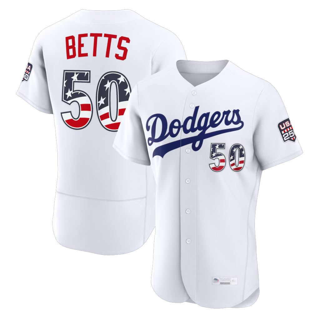 Rebec LA.Dodgers #50 Mookie Betts Player White USA 250 Fourth of July Limited Elite Home Game Stitched Jerseys