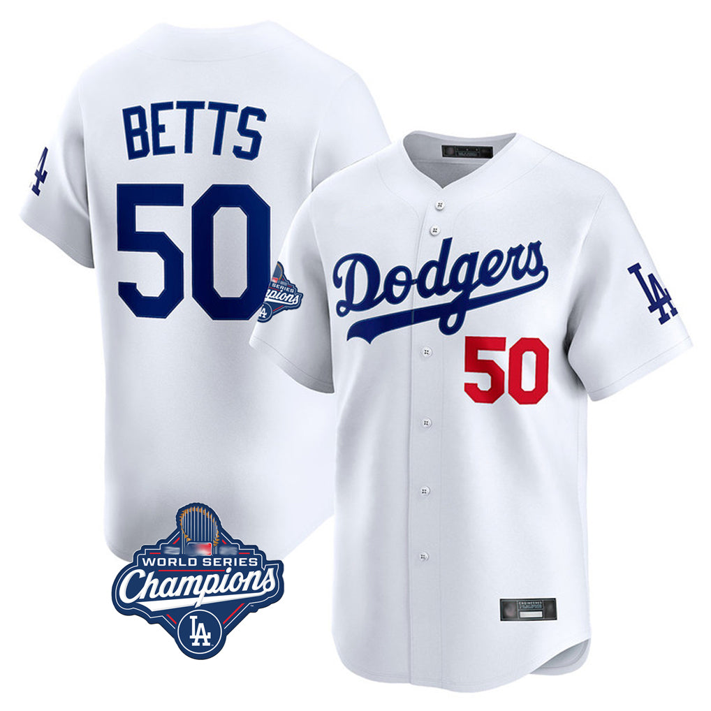 RebecLA.Dodgers #50 Mookie Betts Player White World Series Meet Limited Home Stitched Jerseys