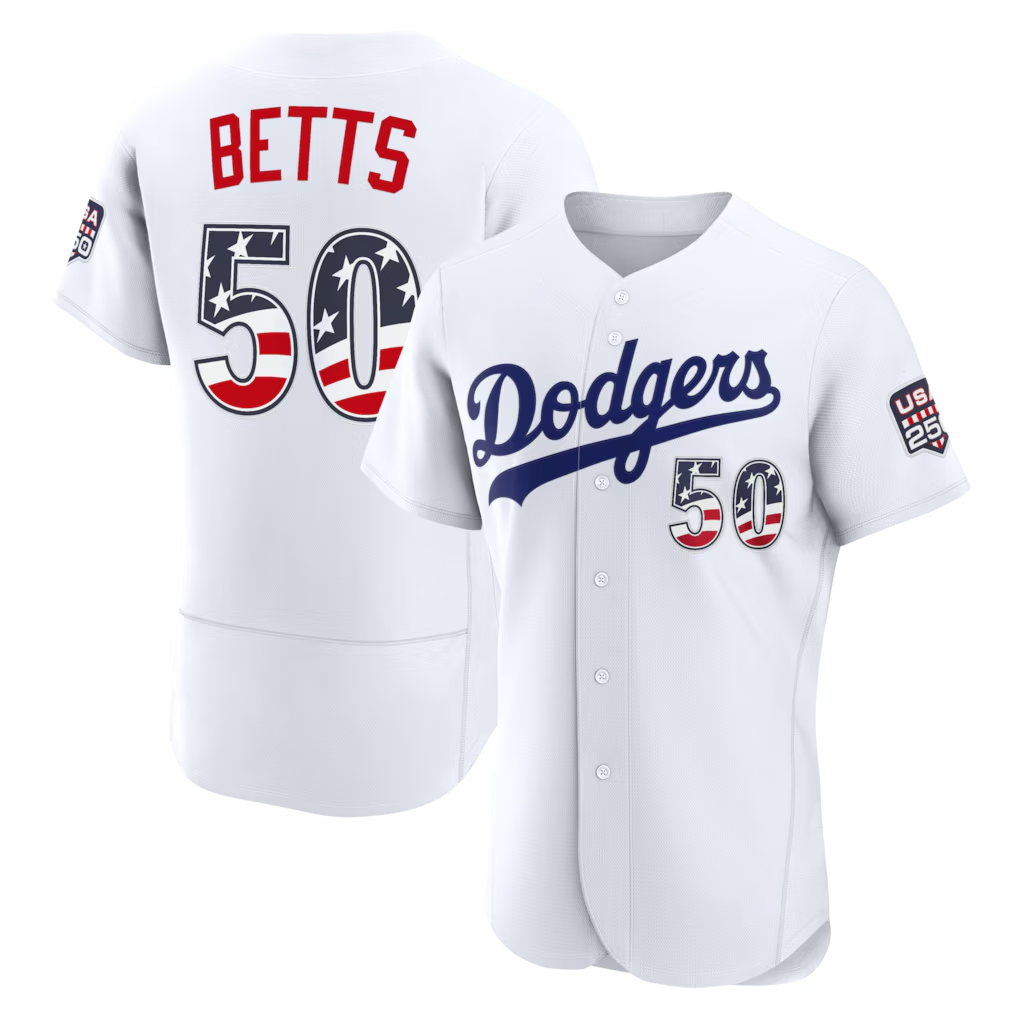 Rebec LA.Dodgers #50 Mookie Betts USA 250 Fourth of July Home Authentic Jersey - White