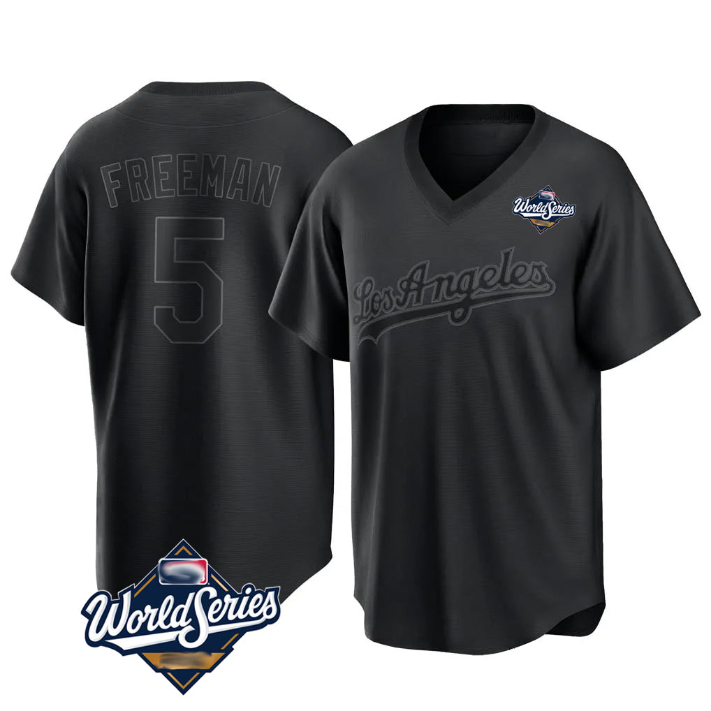 Rebec LA.Dodgers #5 Freddie Freeman Player Black World Series Pitch Fashion T-shirt Stitched Jerseys