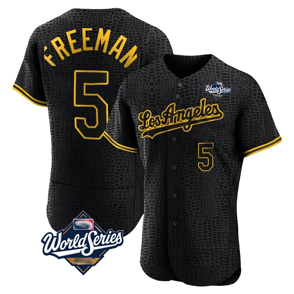 Rebec LA.Dodgers #5 Freddie Freeman Player Black World Series Snake Skin City Limited Elite Home Stitched Jerseys