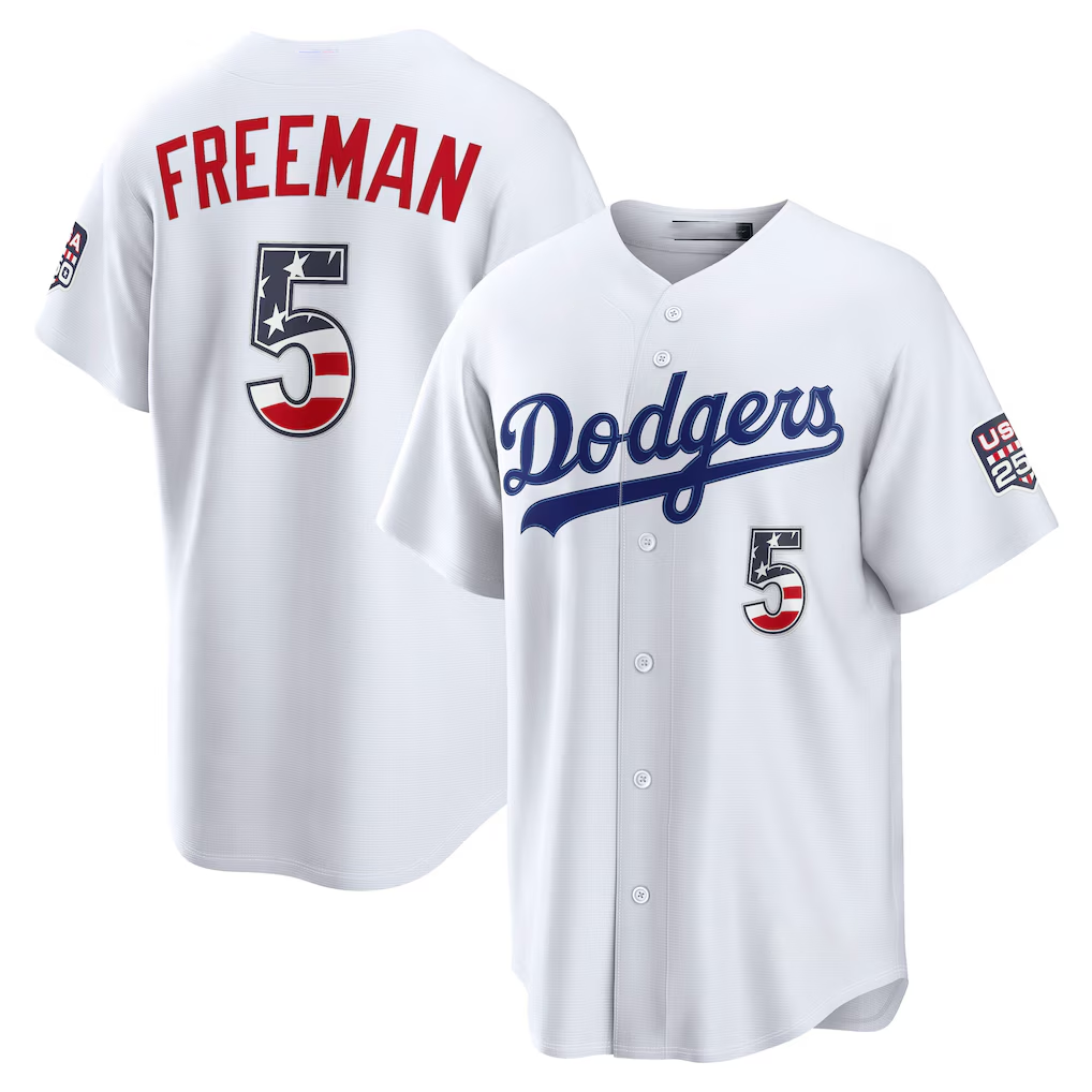 Rebec LA.Dodgers #5 Freddie Freeman USA 250 Fourth of July Home Stadium Jersey - White Stitched Jersey