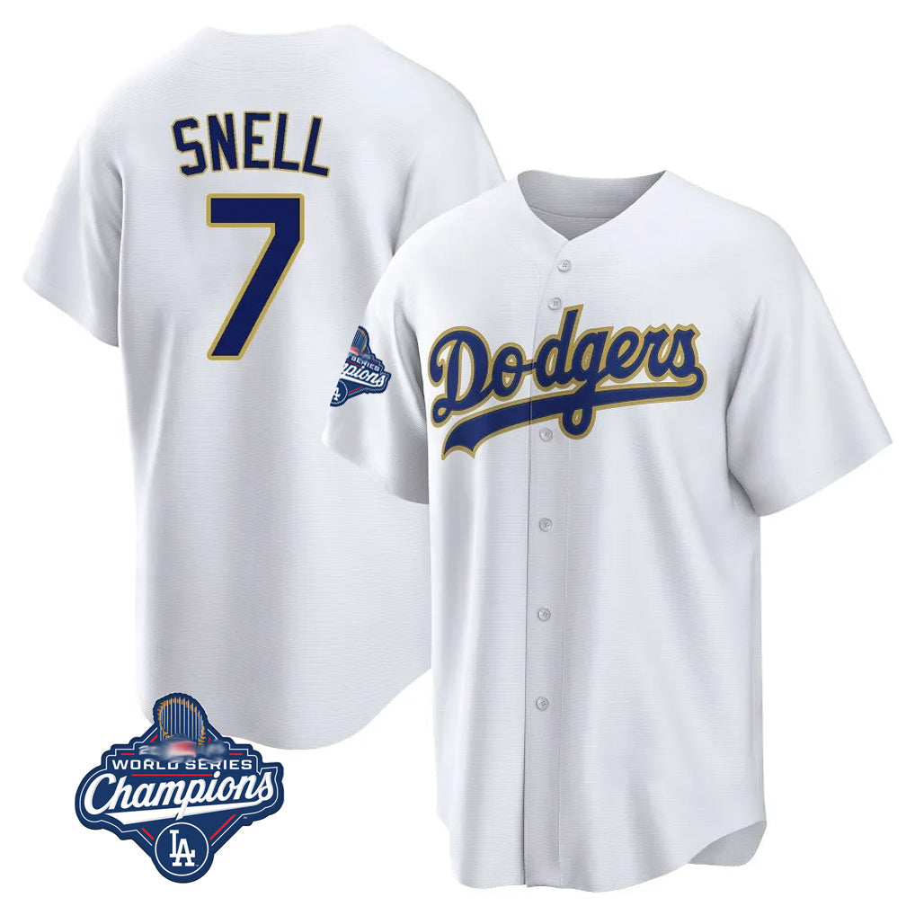 Rebec LA.Dodgers #7 Blake Snell Player Gold White World Series Meet Home Game Stitched Jerseys
