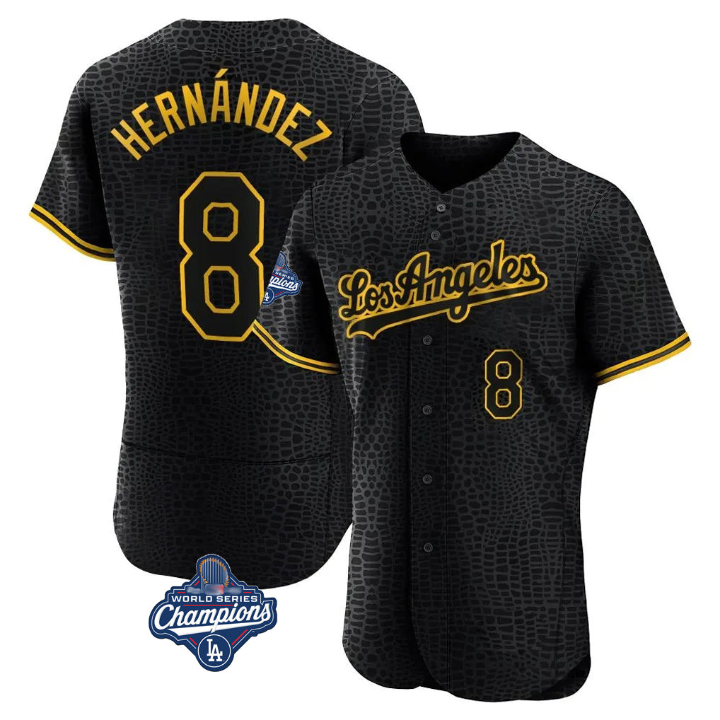 Rebec LA.Dodgers #8 Enrique Hern¨¢ndez Player Black World Series Meet Snake Skin City Limited Elite Home Stitched Jerseys