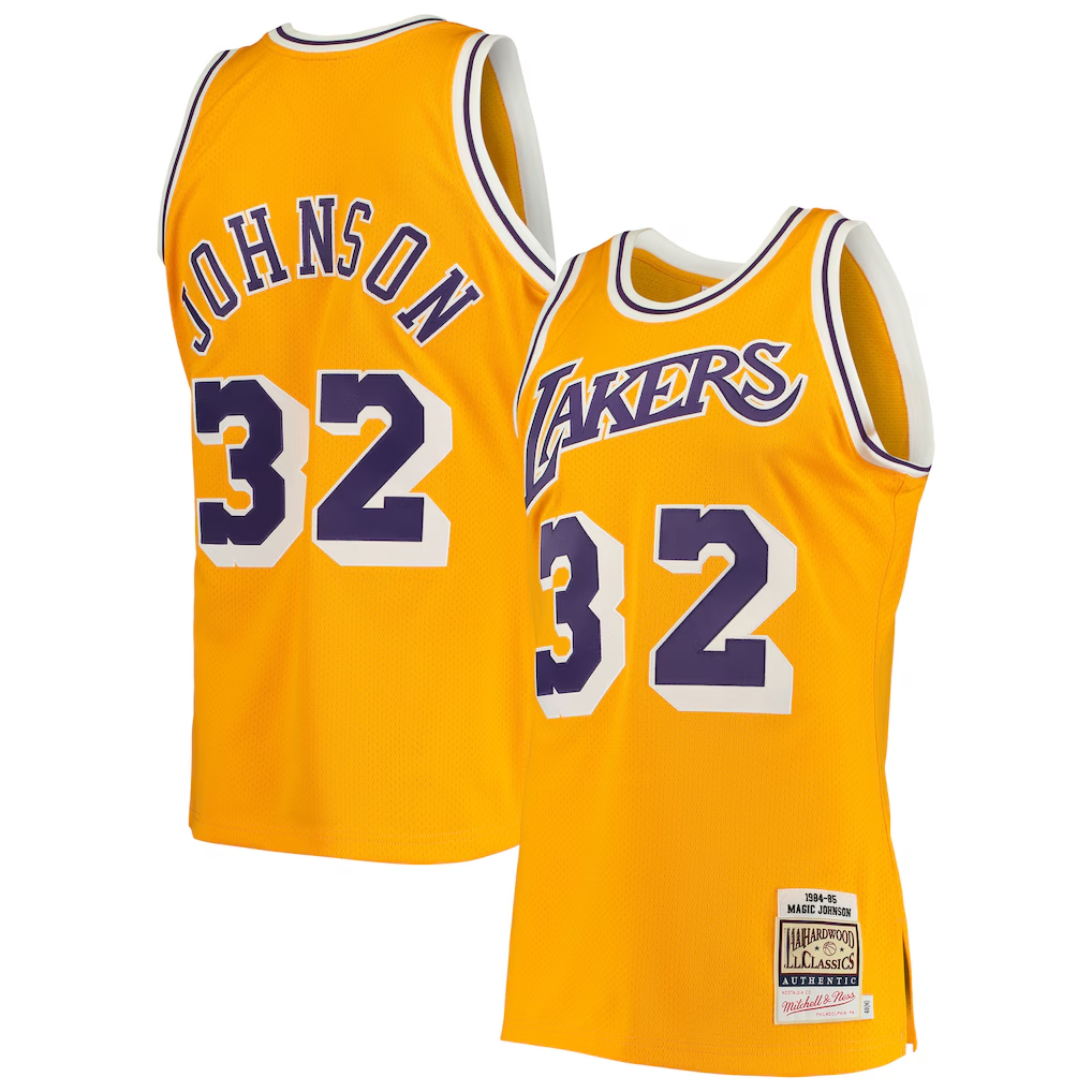 Rebec LA.Lakers #32 Magic Johnson Mitchell & Ness Gold 198485 Hardwood Classics Authentic Jerseys