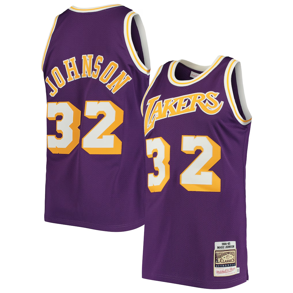 Rebec LA.Lakers #32 Magic Johnson Mitchell & Ness Purple 198485 Hardwood Classics Authentic Jerseys