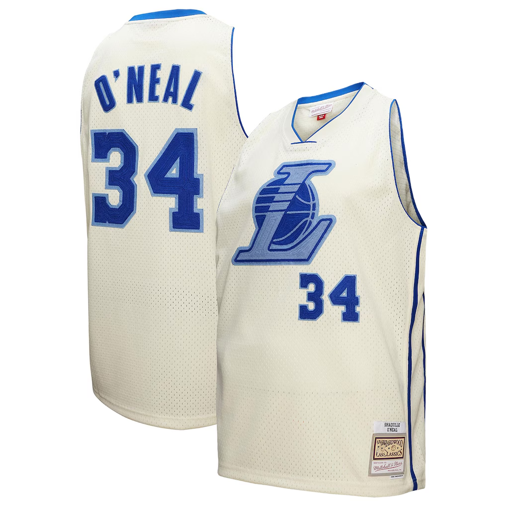 Rebec LA.Lakers #34 Shaquille O'Neal Mitchell & Ness Cream Chainstitch Swingman Jerseys