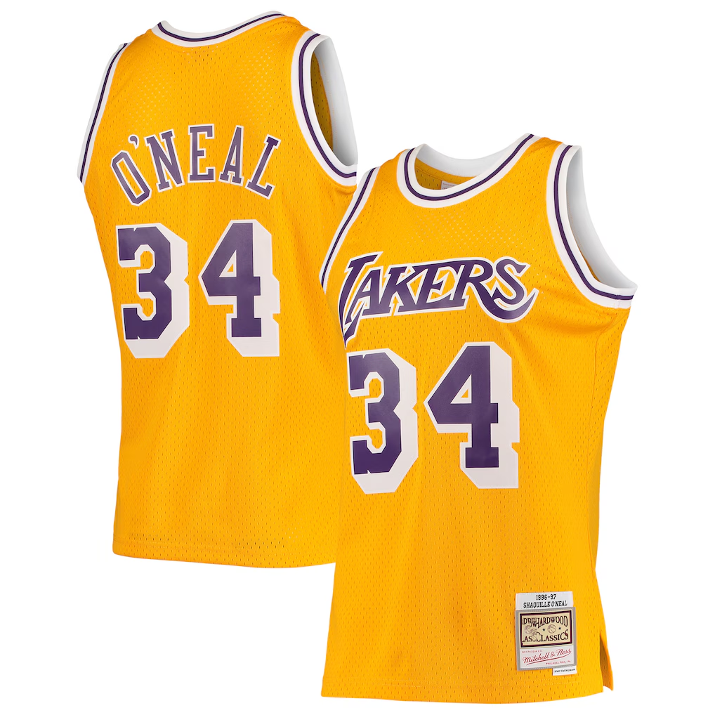 Rebec LA.Lakers #34 Shaquille O'Neal Mitchell & Ness Gold 199697 Hardwood Classics Swingman Jerseys