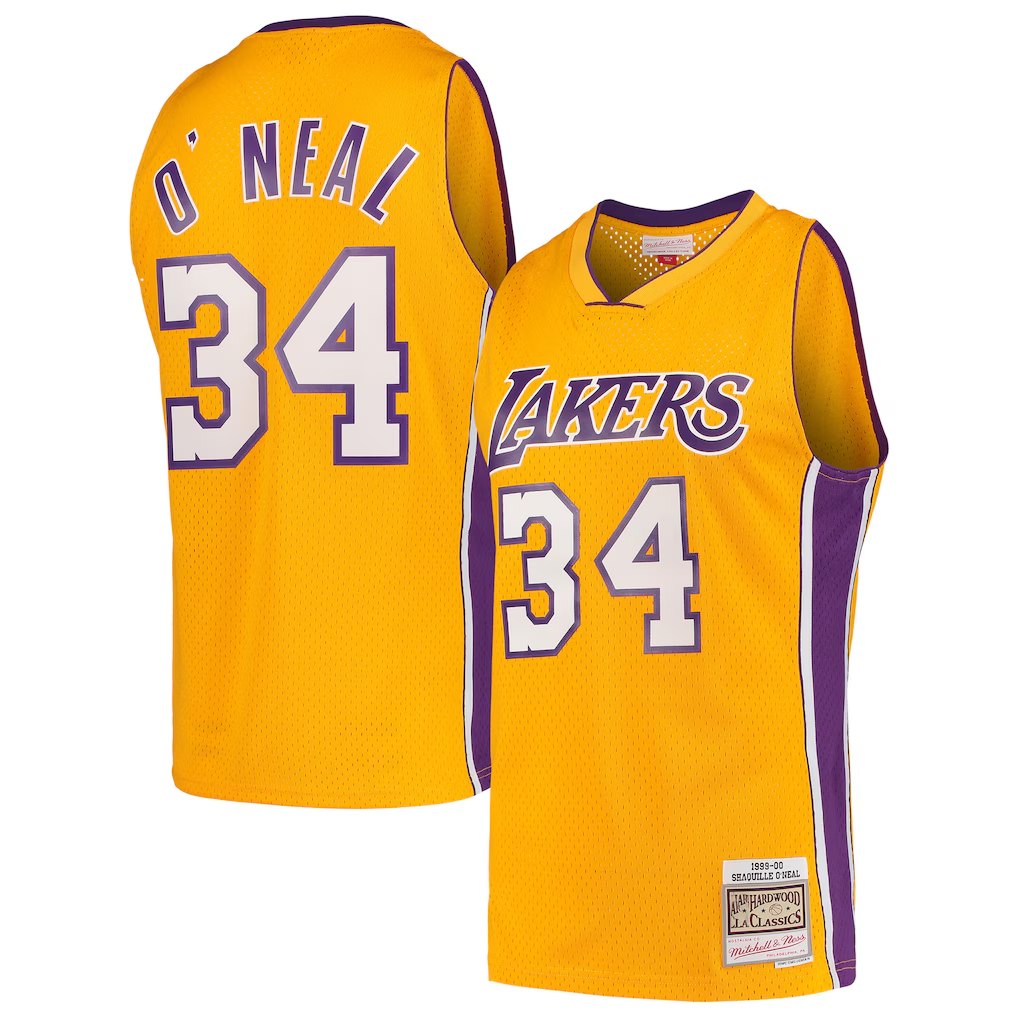 Rebec LA.Lakers #34 Shaquille O'Neal Mitchell & Ness Gold Hardwood Classics Swingman Jerseys