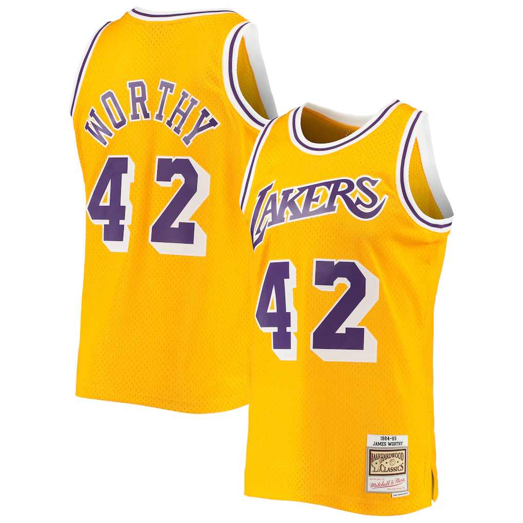 Rebec LA.Lakers #42 James Worthy Mitchell & Ness Gold 198485 Hardwood Classics Swingman Stitched Jerseys