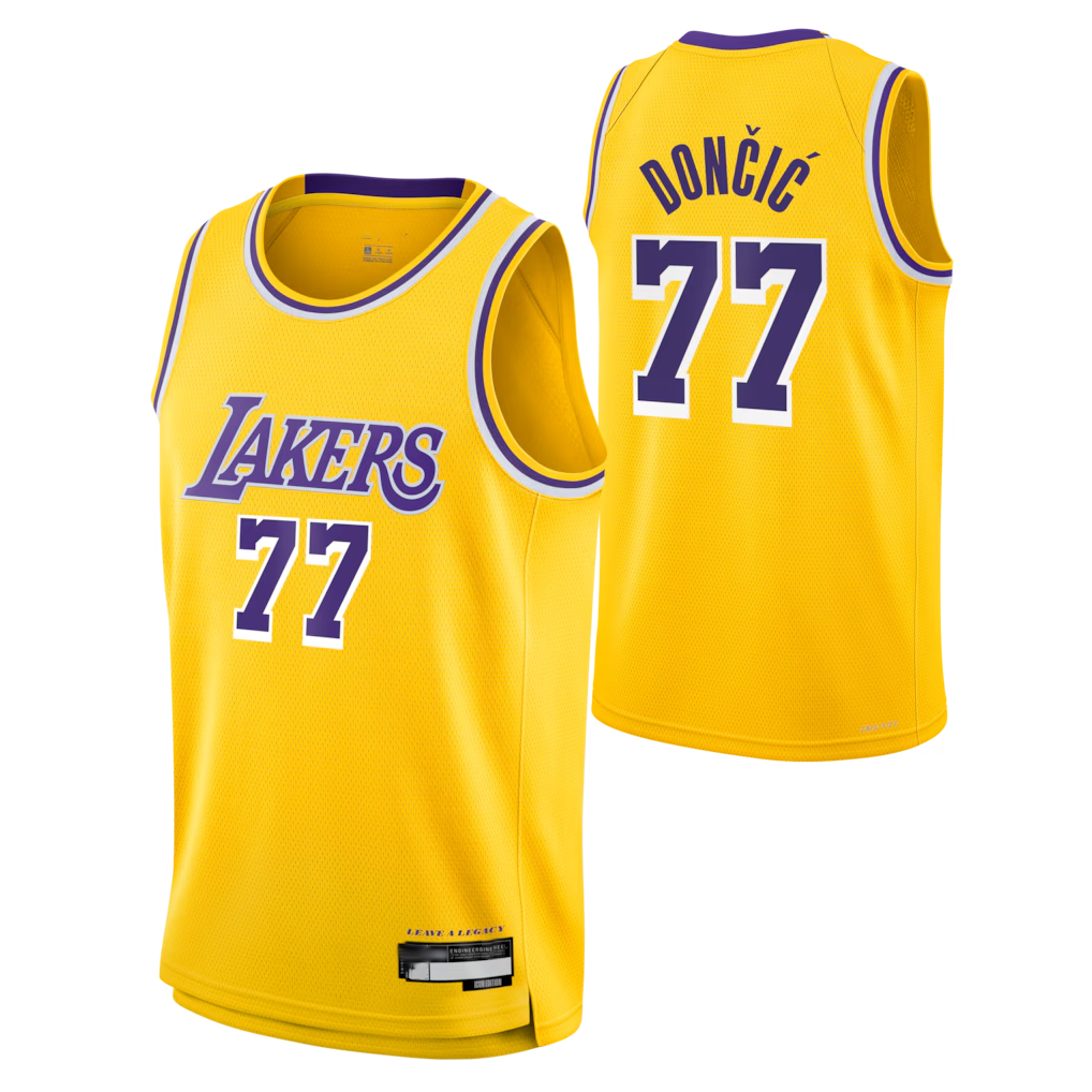 Rebec LA.Lakers #77 Luka Don?i? Gold Swingman Stitched Jerseys - Icon Edition