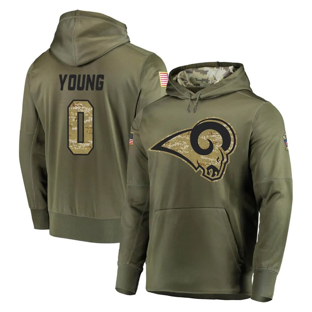 Rebec LA.Rams #0 Byron Young Player Olive Salute to Service Pullover Hoodies Home Game Stitched Jerseys