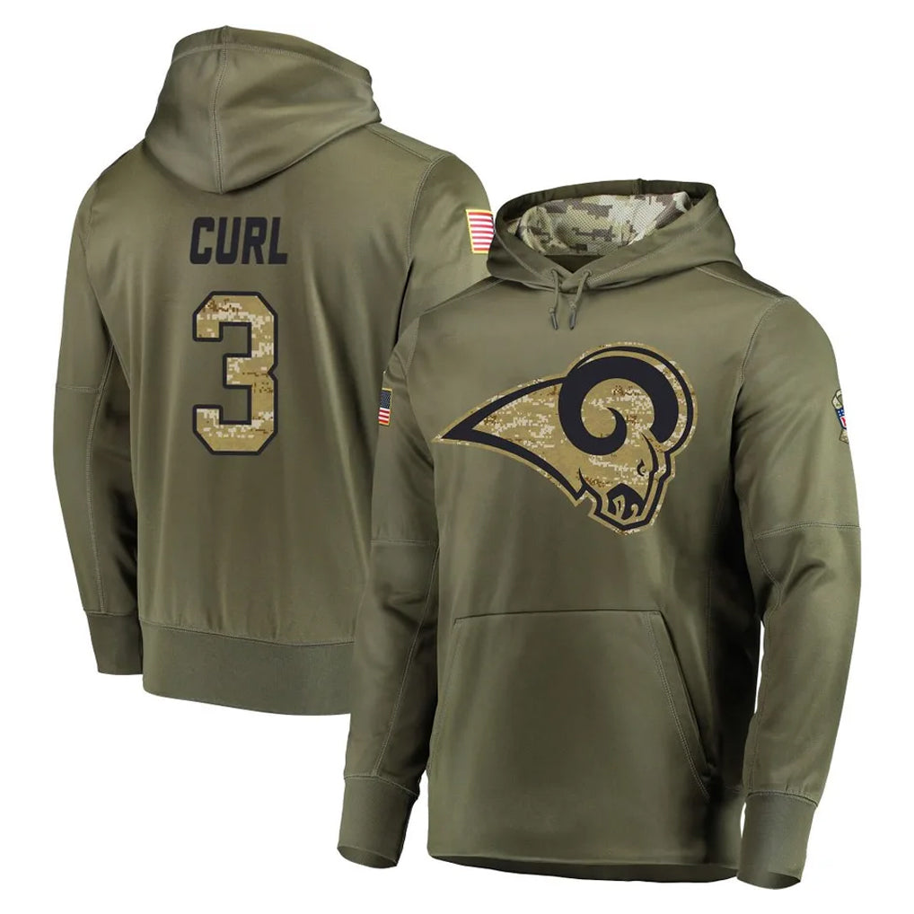 Rebec LA.Rams #3 Kam Curl Player Olive Salute to Service Pullover Hoodies Home Game Stitched Jerseys