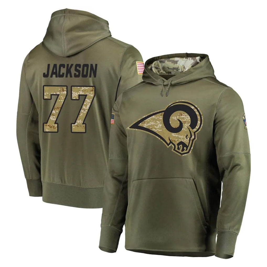 Rebec LA.Rams #77 Alaric Jackson Player Olive Salute to Service Pullover Hoodies Home Game Stitched Jerseys