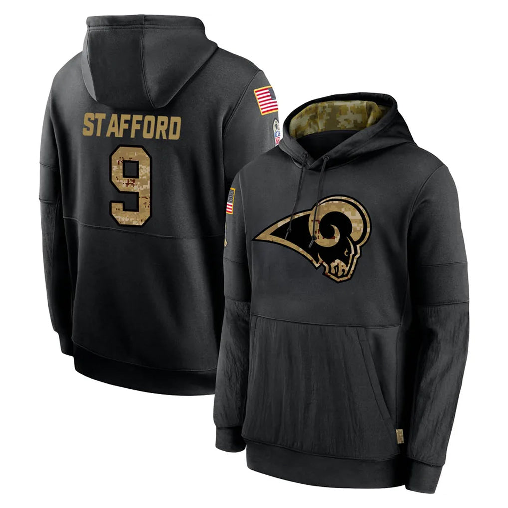 Rebec LA.Rams #9 Matthew Stafford Player Black Salute to Service Hoodies Limited Game Stitched Jerseys