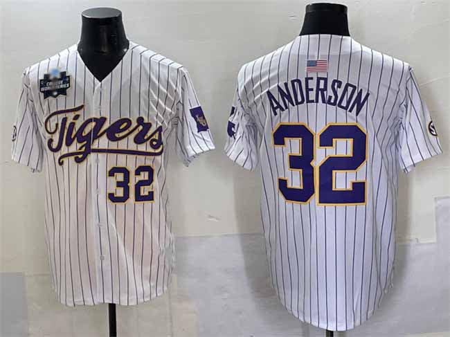Rebec L.Tigers #32 Kade Anderson White Pinstripe 2025 World Series Stitched Baseball American College Jerseys