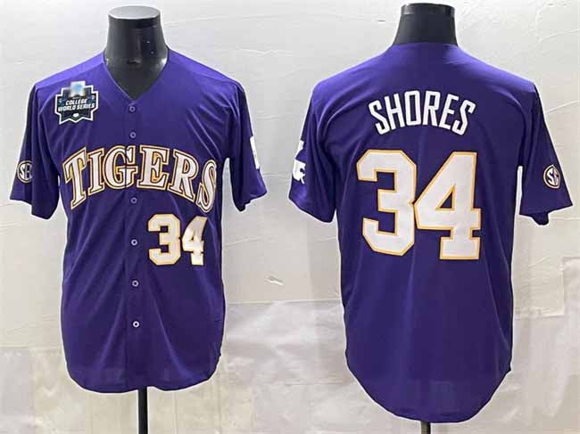 Rebec L.Tigers #34 Chase Shores Purple 2025 World Series Stitched Baseball American College Jerseys