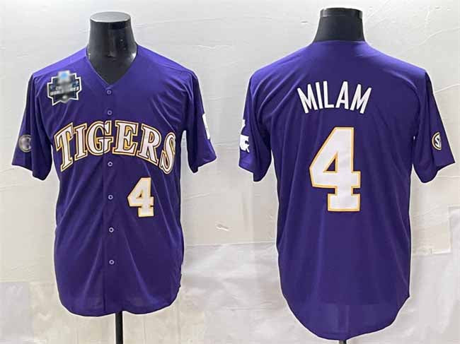 Rebec L.Tigers #4 Steven Milam Purple 2025 World Series Stitched Baseball American College Jerseys