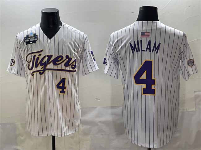 Rebec L.Tigers #4 Steven Milam White Pinstripe 2025 World Series Stitched Baseball American College Jerseys