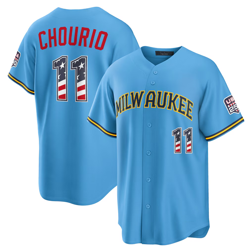 Rebec M.Brewers #11 Jackson Chourio Light Blue USA 250 Fourth of July Road Stadium Jersey