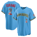 Rebec M.Brewers #2 Brice Turang Light Blue USA 250 Fourth of July Road Stadium Jersey