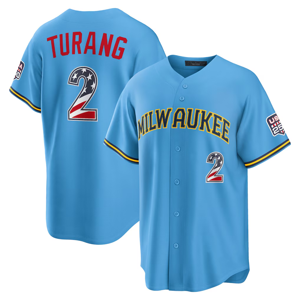 Rebec M.Brewers #2 Brice Turang Light Blue USA 250 Fourth of July Road Stadium Jersey