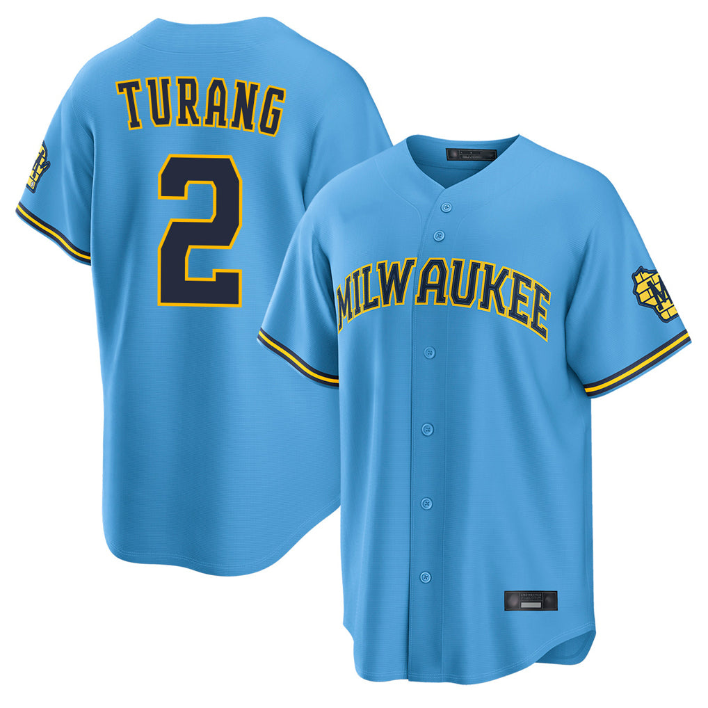 Rebec M.Brewers #2 Brice Turang Player Light Blue Road Stadium Game Stitched Jerseys