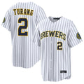 Rebec M.Brewers #2 Brice Turang Player White Stripes Home Limited Game Stitched Jerseys