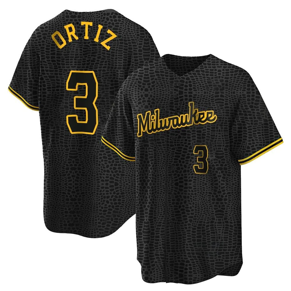 Rebec M.Brewers #3 Joey Ortiz Player Black Snake Skin City Home Game Stitched Jerseys