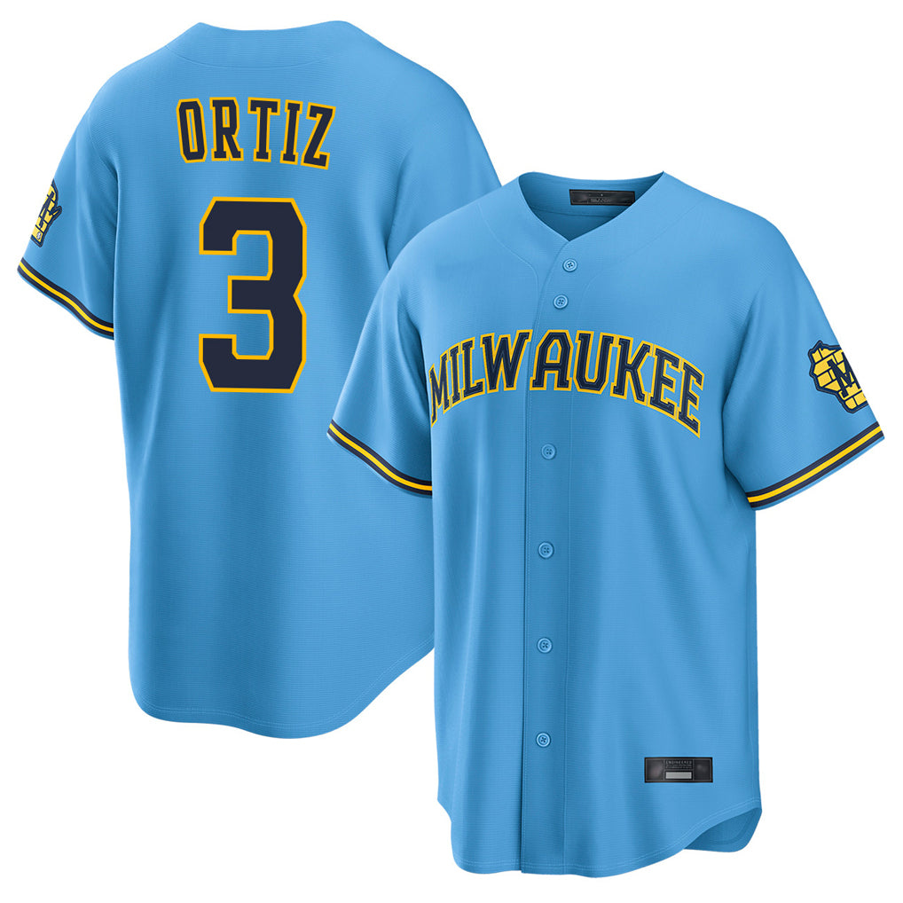Rebec M.Brewers #3 Joey Ortiz Player Light Blue Road Stadium Game Stitched Jerseys