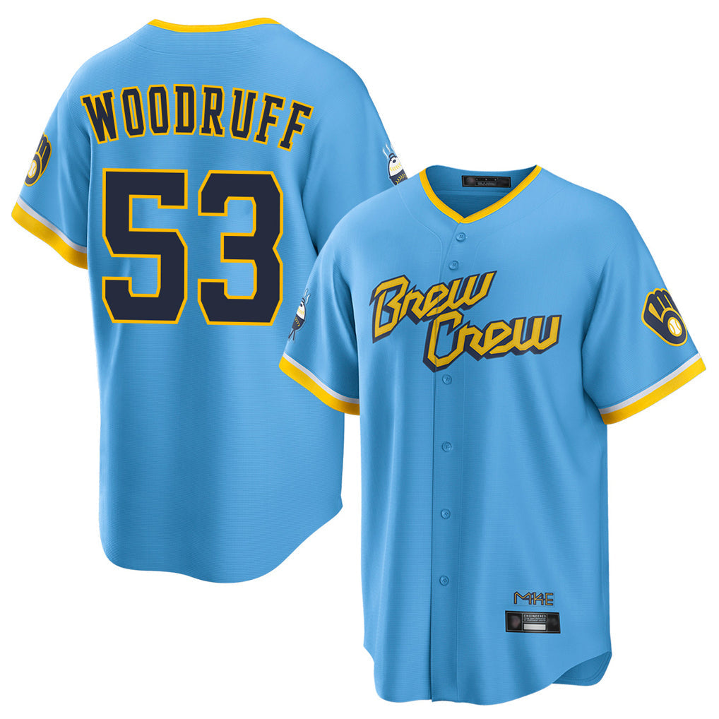 Rebec M.Brewers #53 Brandon Woodruff Player Light Blue City Connect Home Game Stitched Jerseys