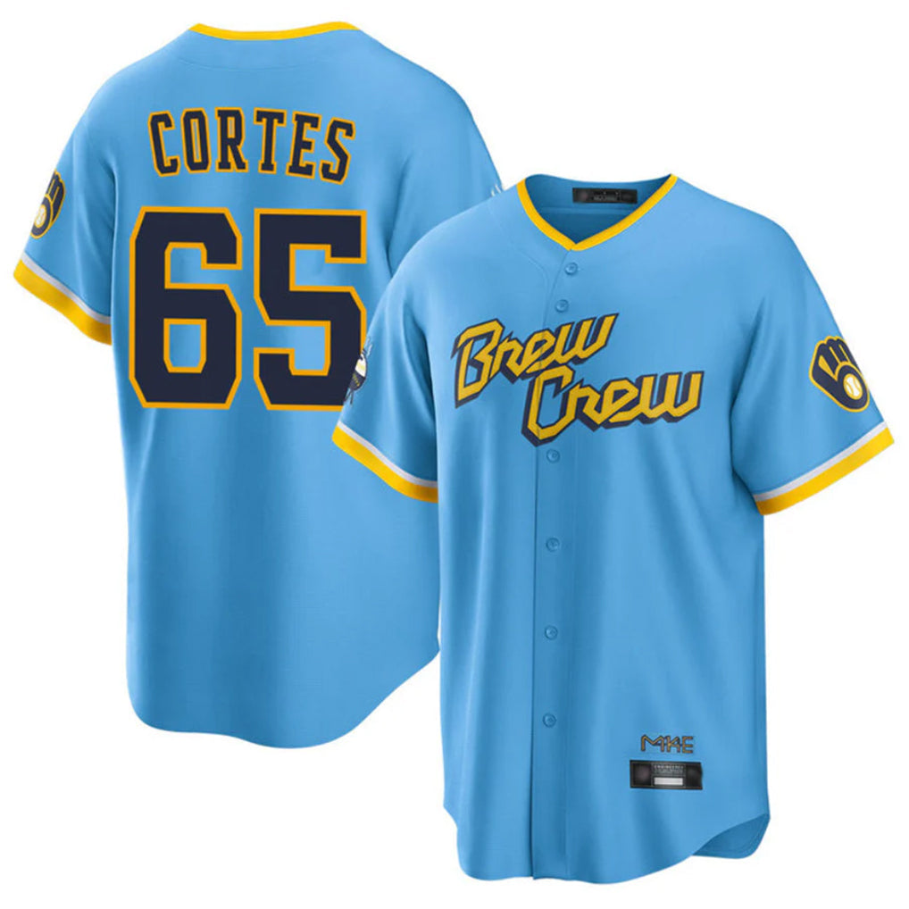 Rebec M.Brewers #65 Nestor Cortes Player Light Blue City Connect Home Game Stitched Jerseys