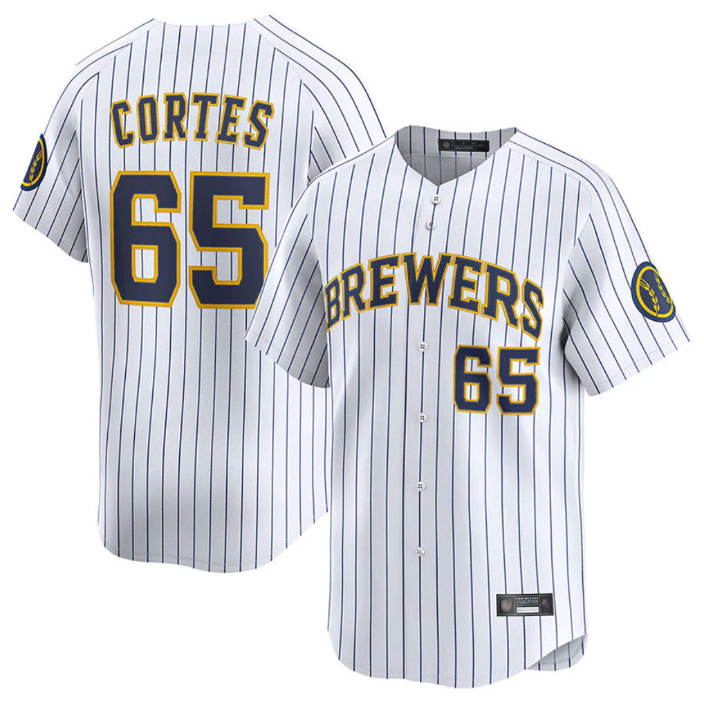 Rebec M.Brewers #65 Nestor Cortes Player White Stripes Home Limited Game Stitched Jerseys