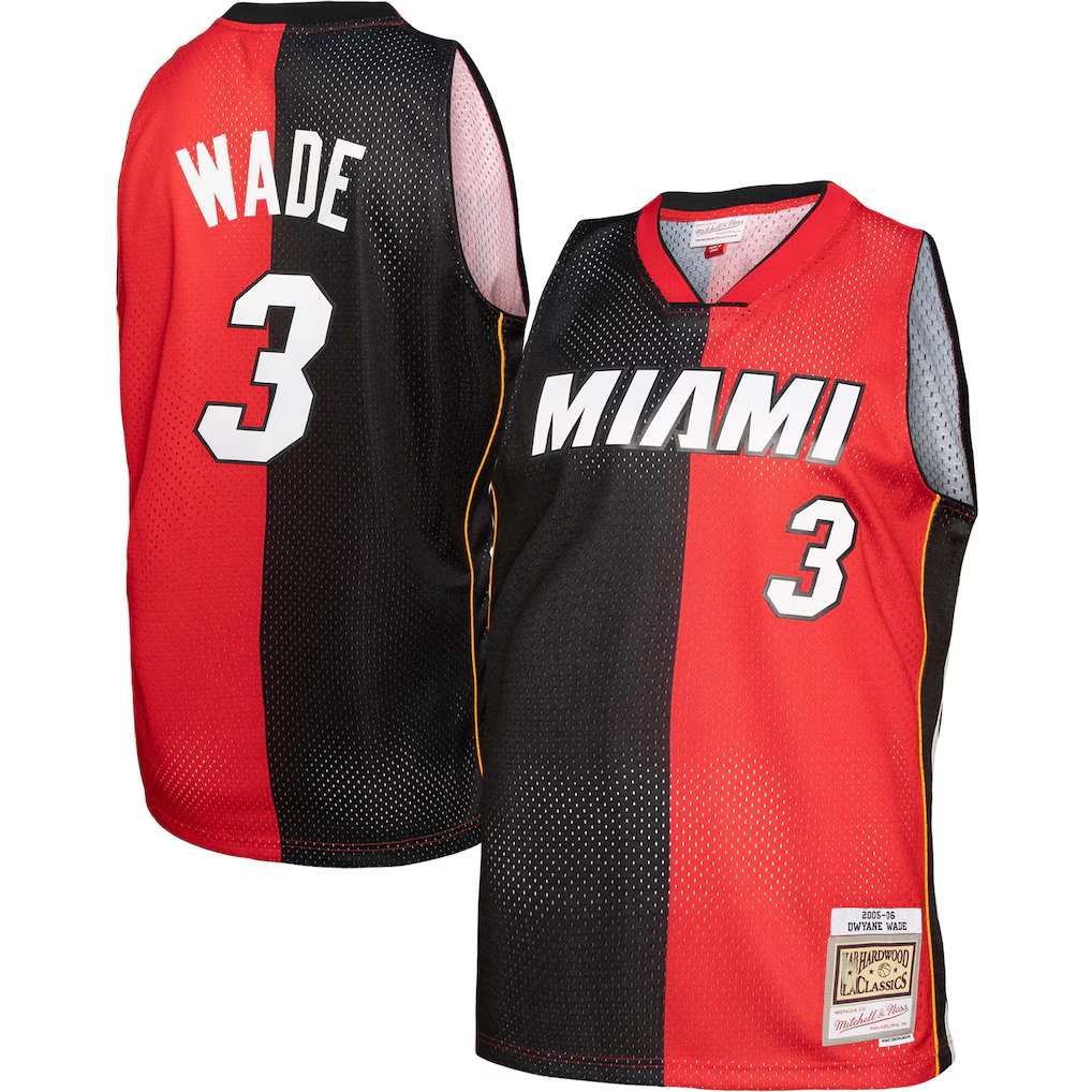 Rebec M.Heat #3 Dwayne Wade Mitchell & Ness BlackRed Big & Tall Hardwood Classics 200506 Split Swingman Jerseys