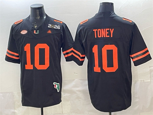 Rebec M.Hurricanes #10 Malachi Toney Black F.U.S.E. 2026 & Florida Patch Stitched Football American College Jerseys