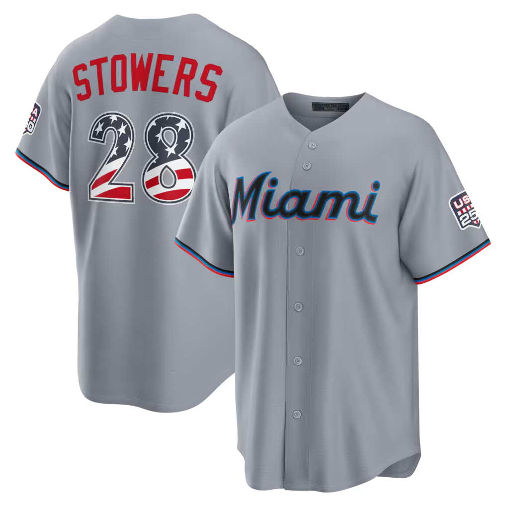 Rebec M.Marlins #28 Kyle Stowers Gray USA 250 Fourth of July Road Stadium Jersey