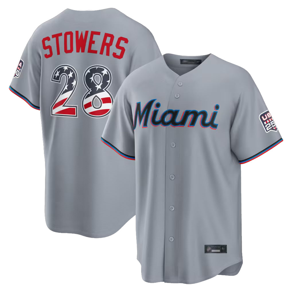 Rebec M.Marlins #28 Kyle Stowers Player Gray USA 250 Fourth of July Limited Home Game Stitched Jerseys