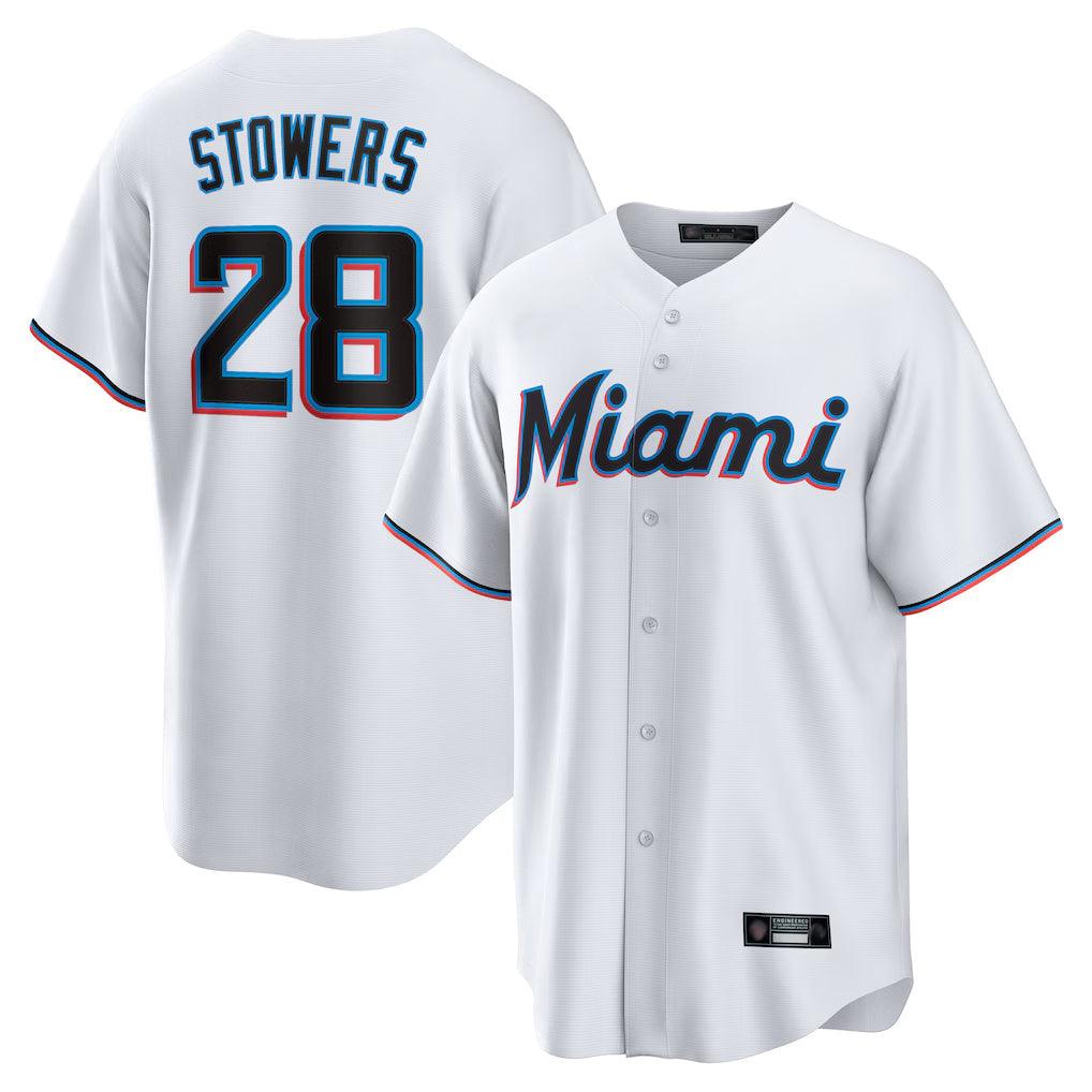 Rebec M.Marlins #28 Kyle Stowers Player White  Home Game Stitched Jerseys
