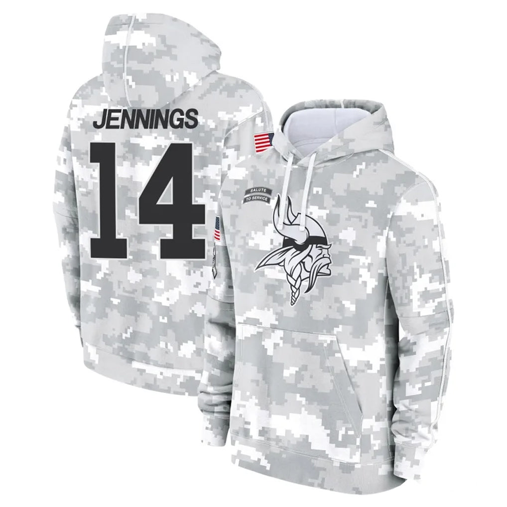 Rebec M.Vikings #14 Jauan Jennings Player Arctic Camo Salute to Service Pullover Hoodies Limited Game Stitched Jerseys
