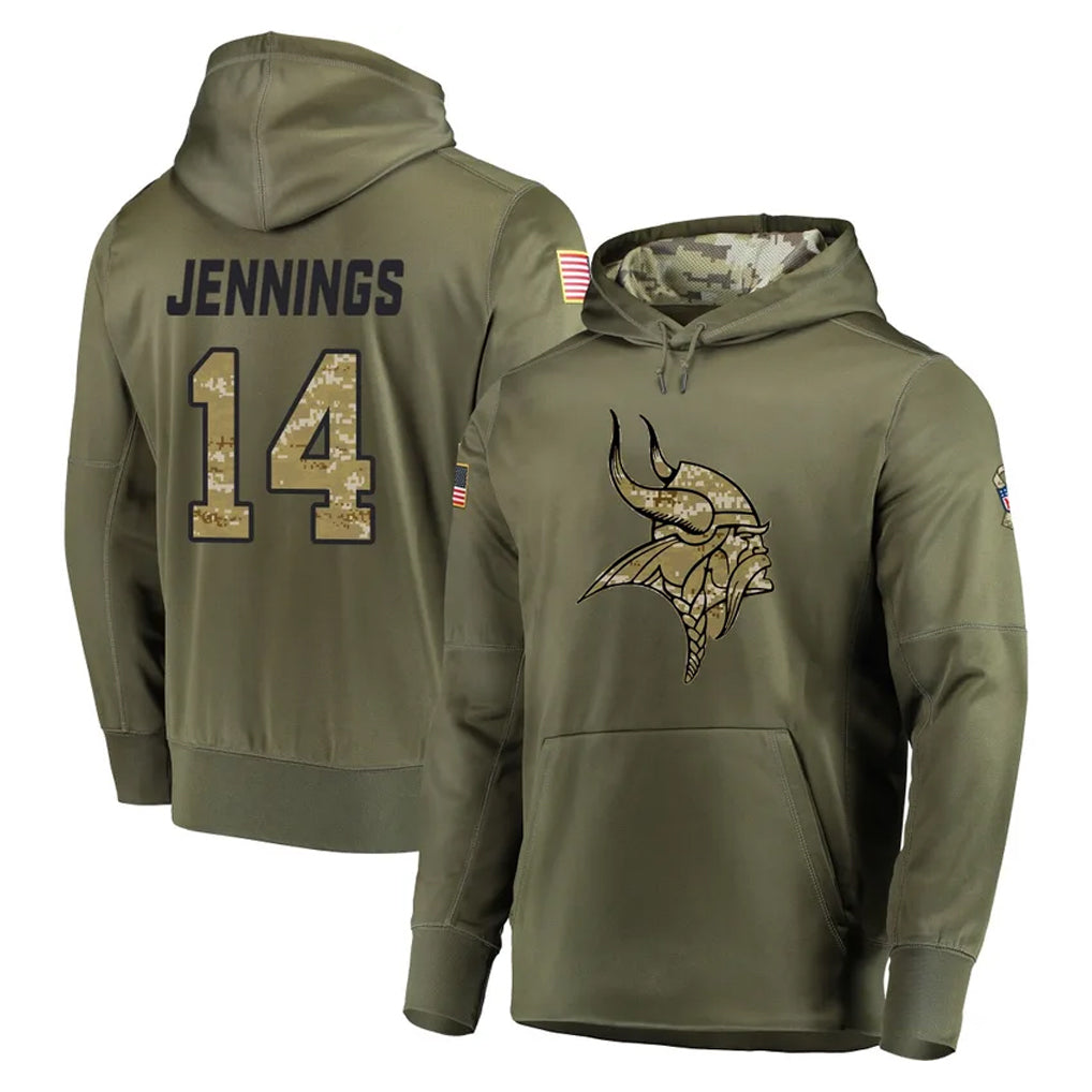 Rebec M.Vikings #14 Jauan Jennings Player Olive Salute to Service Pullover Hoodies Home Game Stitched Jerseys