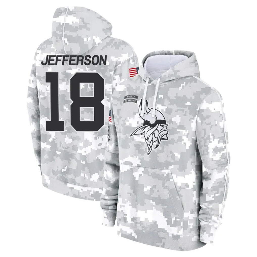 Rebec M.Vikings #18 Justin Jefferson Player Arctic Camo Salute to Service Pullover Hoodies Limited Game Stitched Jerseys