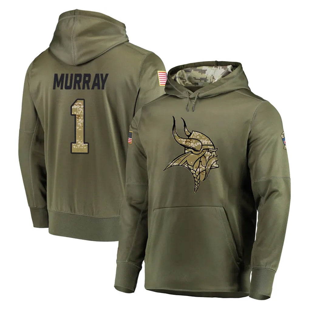 Rebec M.Vikings #1 Kyler Murray Player Olive Salute to Service Pullover Hoodies Home Game Stitched Jerseys