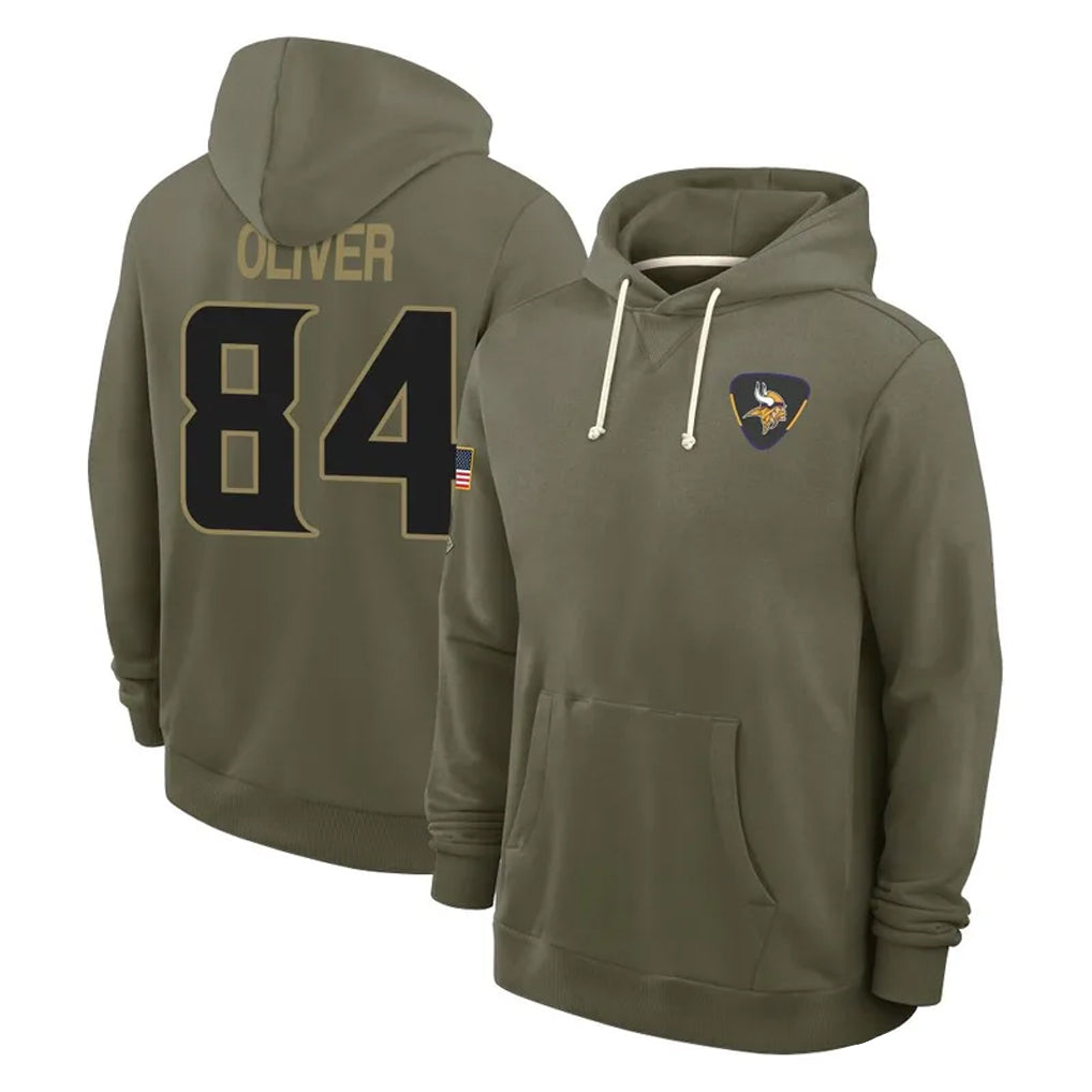 Rebec M.Vikings #84 Josh Oliver Player Olive Salute to Service Pullover Hoodies Limited Stitched Jerseys