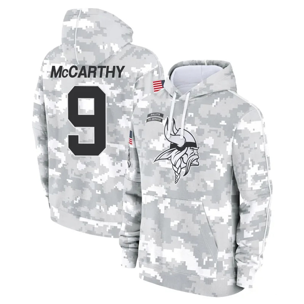Rebec M.Vikings #9 J.J. McCarthy Player Arctic Camo Salute to Service Pullover Hoodies Limited Game Stitched Jerseys