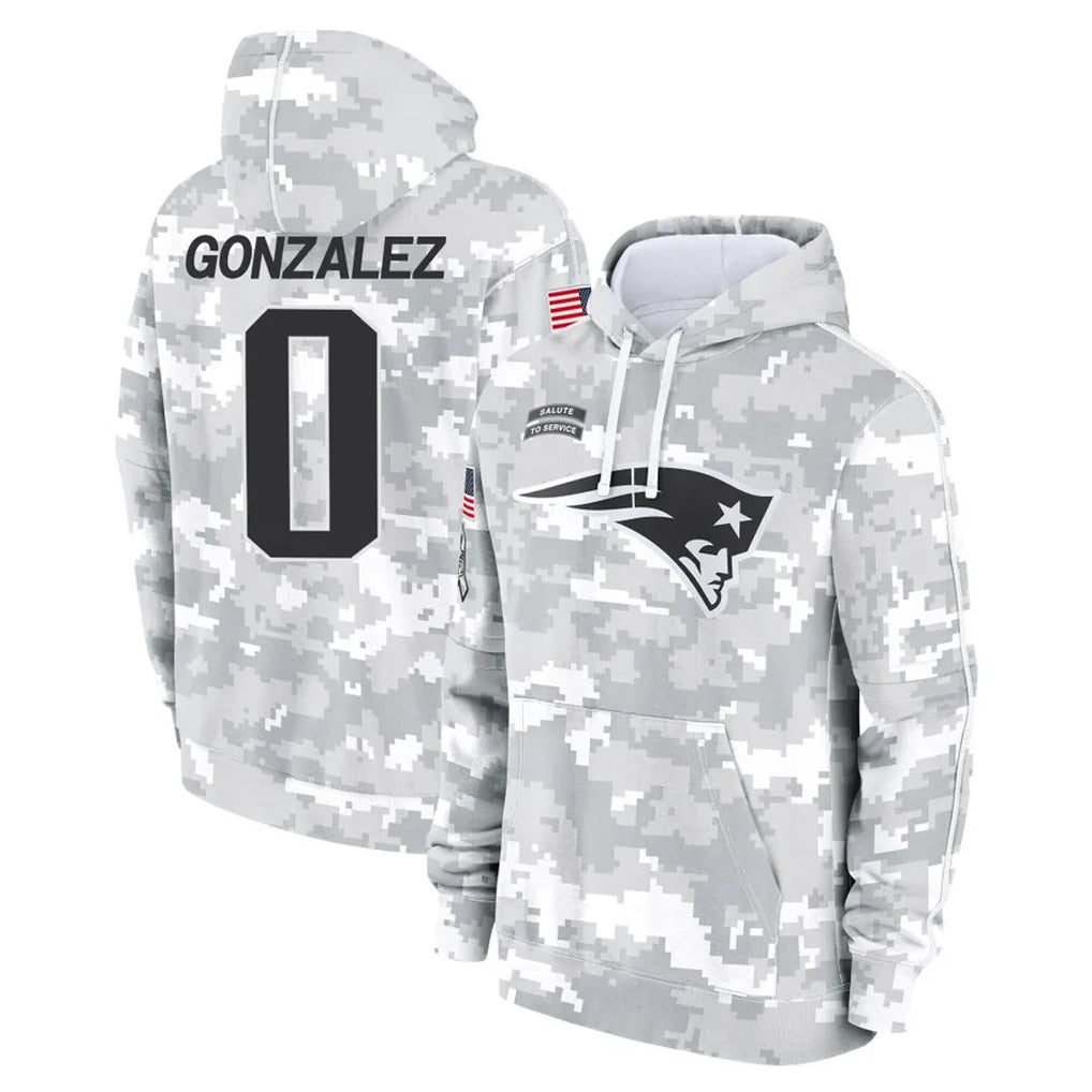 Rebec NE.Patriots #0 Christian Gonzalez Player Arctic Camo Salute to Service Pullover Hoodies Limited Game Stitched Jerseys