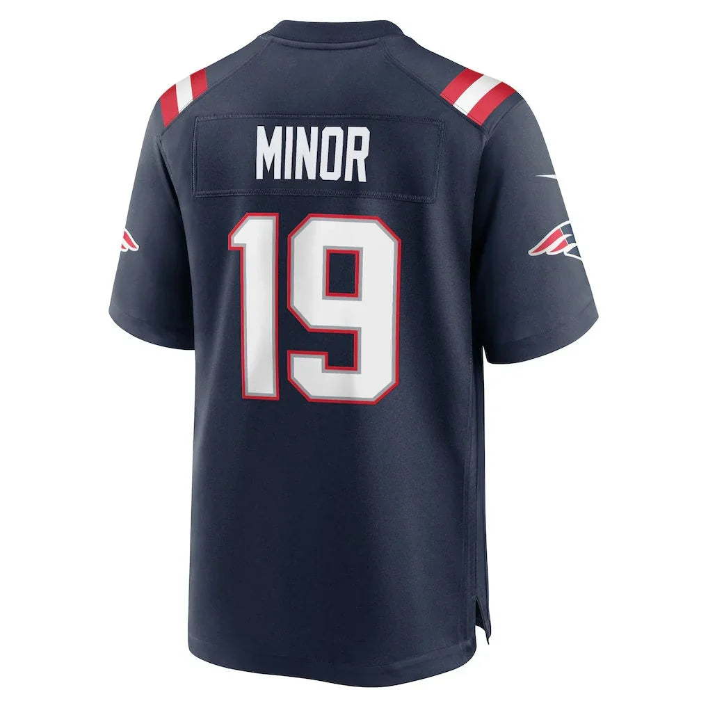 Rebec NE.Patriots #19 Kobee Minor Navy Team Game Jersey