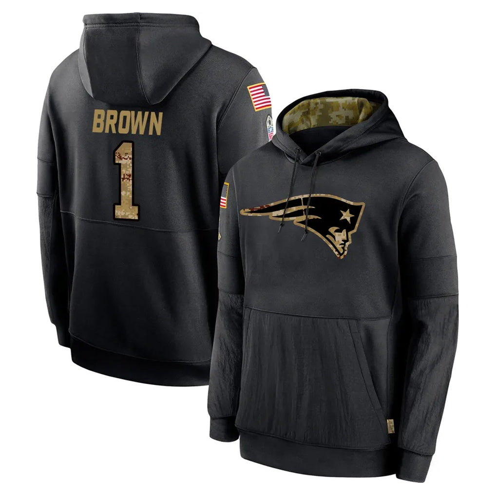 Rebec NE.Patriots #1 A.J. Brown Player Black Salute to Service Hoodies Limited Game Stitched Jerseys