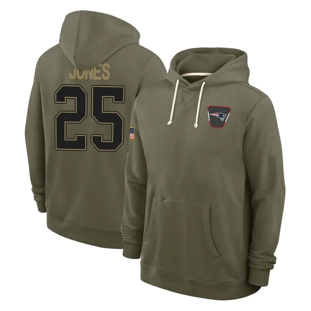 Rebec NE.Patriots #25 Marcus Jones Player Olive Salute to Service Pullover Hoodies Limited Stitched Jerseys